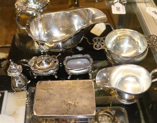 Silver sauceboat, small sauce boat, Arts & Crafts bowl, 3 piece condiment set & a Turkish cigarette case.